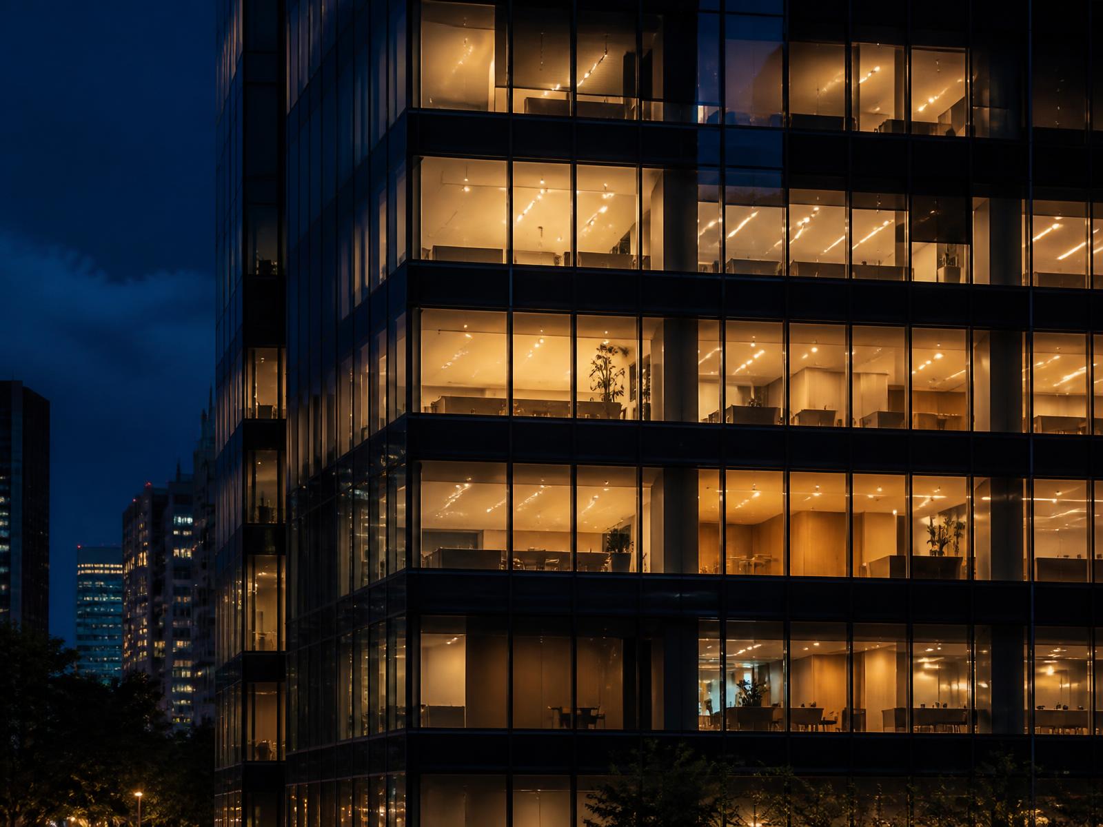 Lit office tower facade at night